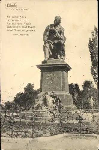 Künstler Ak Hansestadt Lübeck, Denkmal Emanuel Geibel, Gedicht