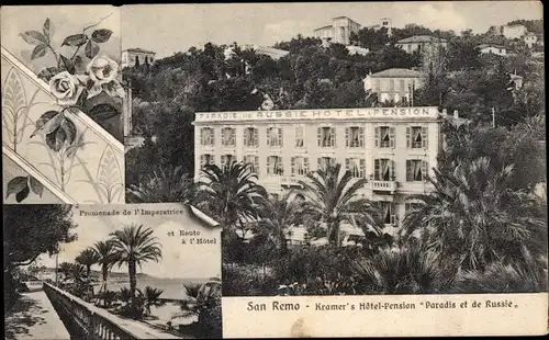 Ak San Remo Ligurien, Promenade de l'Imperatrice, Hotel-Pension Paradis et le Russie