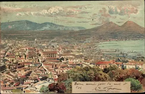 Litho Napoli Kampanien, Blick von S. Martino auf die Stadt, Vulkan