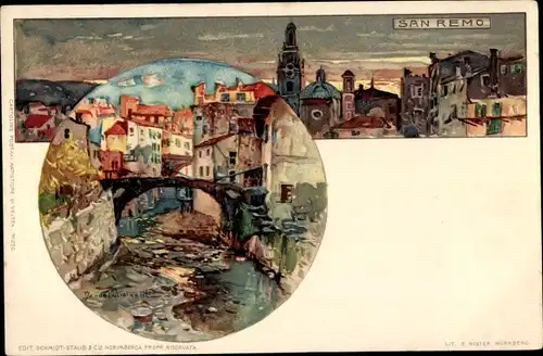 Künstler Litho Wielandt, Manuel, San Remo Ligurien, Stadtpanorama bei Dämmerung, Brücke