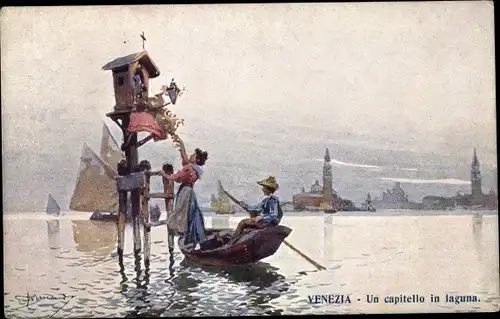 Künstler Ak Venezia Venedig Veneto, Un capitello in laguna, Gondel, Kapelle im Wasser