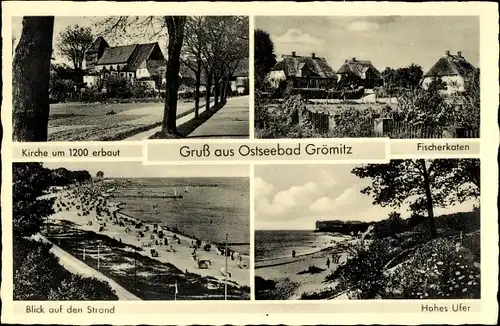 Ak Ostseebad Grömitz in Holstein, Kirche, Fischerkaten, Strand, Hohes Ufer