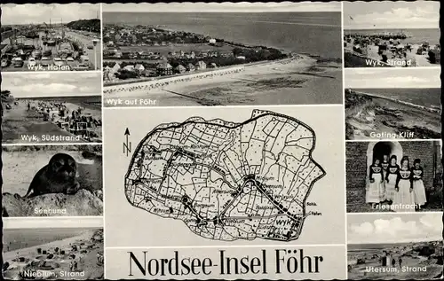 Ak Insel Föhr Nordfriesland, Wyk, Hafen, Südstrand, Seehund, Nieblum, Goting-Kliff, Friesentracht