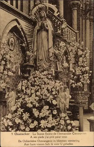 Ak Oostacker Lourdes Ostflandern, Blumenstatue der Unbefleckten Empfängnis