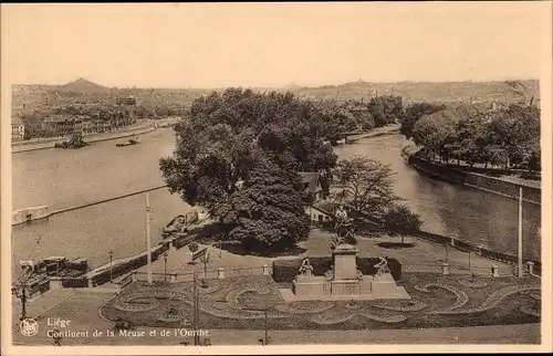 Ak Lüttich Wallonien, Zusammenfluss von Maas und Ourthe, Denkmal