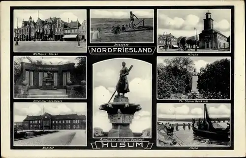 Ak Husum in Nordfriesland, Rathaus, Markt, Kirche, Theodor Storm Denkmal, Hafen, Bahnhof