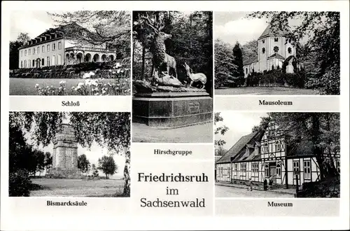 Ak Friedrichsruh Aumühle im Sachsenwald, Schloss, Mausoleum, Hirschgruppe, Bismarckturm