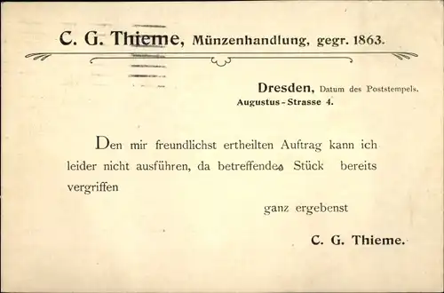 Ak Dresden Altstadt, Münzenhandlung C.G. Thieme