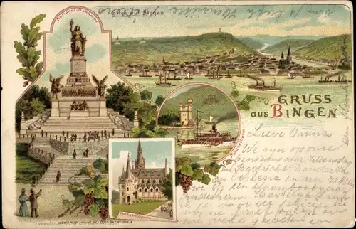 Litho Bingen am Rhein, Nationaldenkmal NIederwald, Rochus Kapelle, Mäuseturm, Gesamtansicht