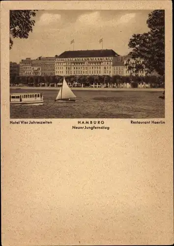 Ak Hamburg, Neuer Jungfernstieg, Hotel Vier Jahreszeiten, Restaurant Haerlin, Boote