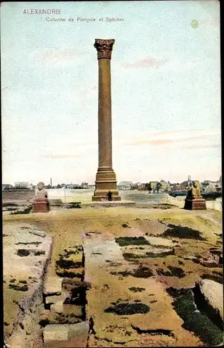 Ak Alexandria, Ägypten, Pompeiussäule und Sphinx