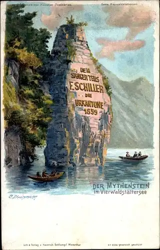 Künstler Litho Steinmann, C., Seelisberg Kanton Uri, Vierwaldstättersee, Schillerstein, Mythenstein