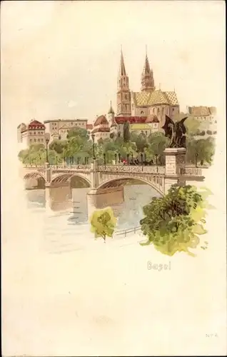 Litho Basel Bâle Stadt Schweiz, Rheinbrücke, Kirche