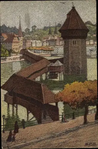 Künstler Ak Schlatter, Luzern Stadt Schweiz, Kapellbrücke gegen das Schweizerhof Quai