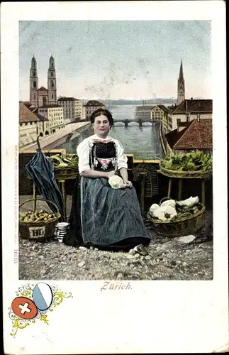 Ak Zürich Stadt Schweiz, Frau in schweizerischer Tracht, Brücke