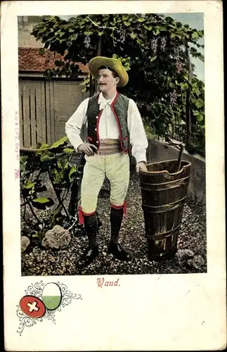 Wappen Ak Vaud Kanton Waadt, Mann in Volkstracht, Weintrauben