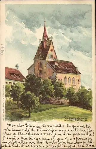 Künstler Ak Jacob, Bettingen Kanton Basel Stadt, Berg Sankt Chrischona, Kirche