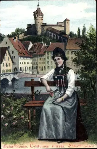 Ak Schaffhausen am Rhein Schweiz, Burg, Frau in Tracht