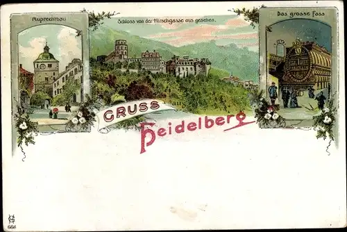 Litho Heidelberg am Neckar, Hirschgasse, Schloss, das große Fass, Ruprechtbau