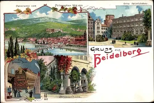 Litho Heidelberg, großes Fass, Brunnenhalle, Otto Heinrichs Bau