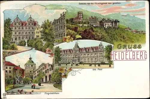 Litho Heidelberg am Neckar, Hirschgasse, Schloss, Ruprechtbau, Post