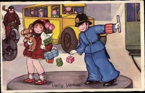 Ak Frau mit Geschenken, Hund, Polizist, Verkehr