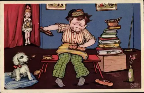 Künstler Ak Boriss, M., Junge putzt Schuhe, Schuhputzer, Hund, Bücher
