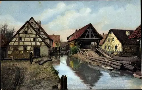 Ak Sägemühle, Fluss, Holzbalken, Photochromie Nenke und Ostermaier 1887