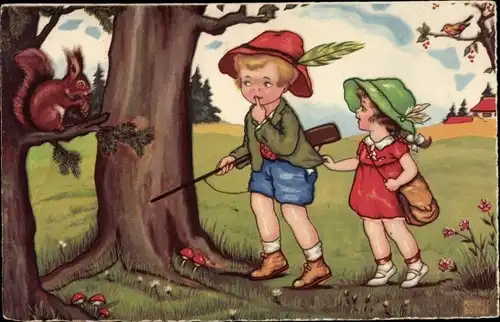 Künstler Ak Boriss, M., Mädchen, Jäger und ein Eichhörnchen, Amag 318