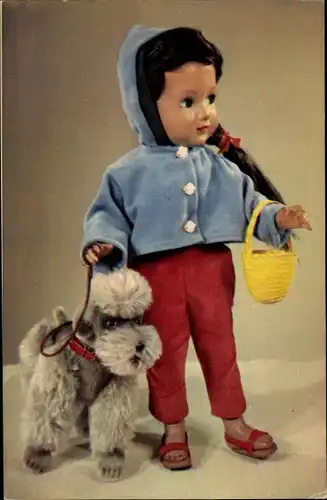 Ak Puppe mit Hund, Handtasche
