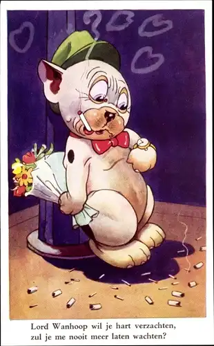 Künstler Ak Studdy, George, E., Bonzo der Hund mit Blumenstrauß, Zigaretten