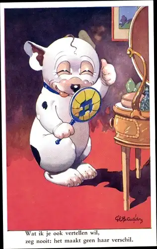 Künstler Ak Studdy, George, E., Bonzo der Hund mit Handspiegel