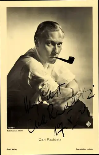 Ak Schauspieler Carl Raddatz, Portrait, Pfeife, Autogramm