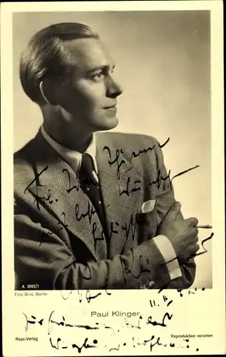 Ak Schauspieler Paul Klinger, Portrait im Profil, Zigarette, Ross Verlag A 3065/1, Autogramm