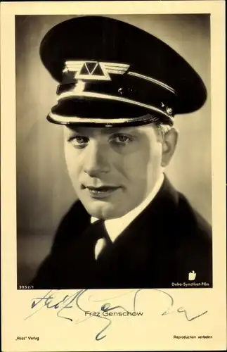 Ak Schauspieler Fritz Genschow, Portrait, Uniformmütze, Ross Verlag 9952/1, Autogramm