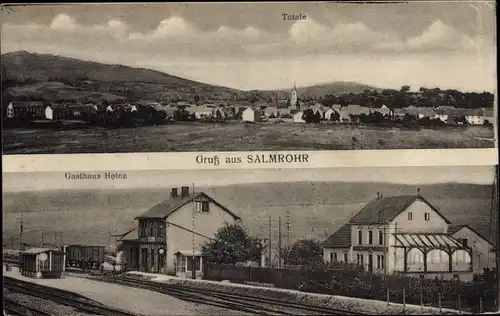 Ak Salmrohr Salmtal in der Eifel, Totalansicht, Bahnhof Gleisseite, Gasthaus Heinz