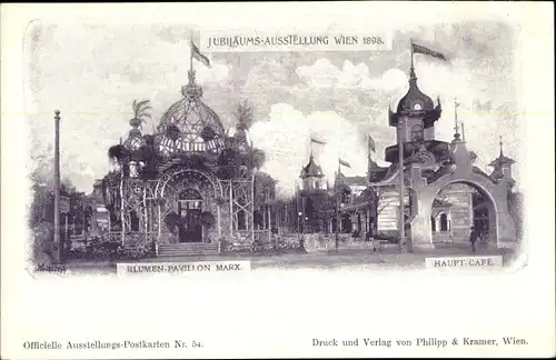 Künstler Ak Wien 1. Innere Stadt, Jubiläumsausstellung 1898, Blumenpavillon Marx, Hauptcafe