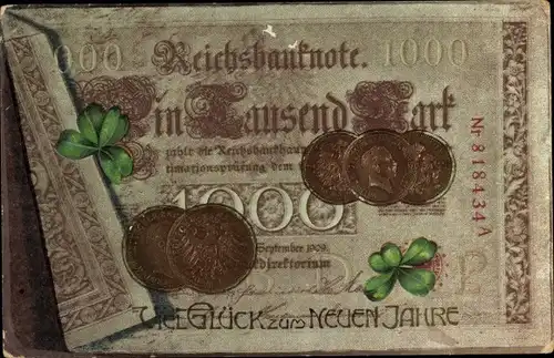 Präge Ak Glückwunsch Neujahr, Reichsbanknote, Münzen, Glücksklee