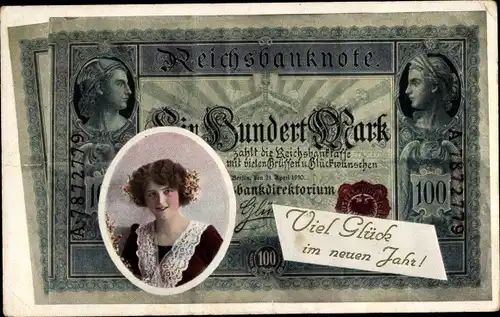 Ak Glückwunsch Neujahr, Reichsbanknote, Frauenportrait