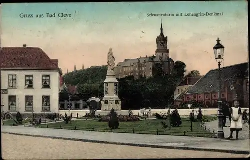 Ak Bad Cleve Kleve am Niederrhein, Schwanenturm, Lohengrin-Denkmal