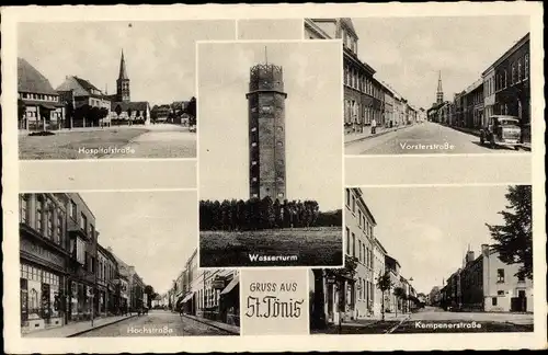 Ak Sankt Tönis Tönisvorst am Niederrhein, Wasserturm, Hospitalstraße, Kempenerstraße, Hochstraße