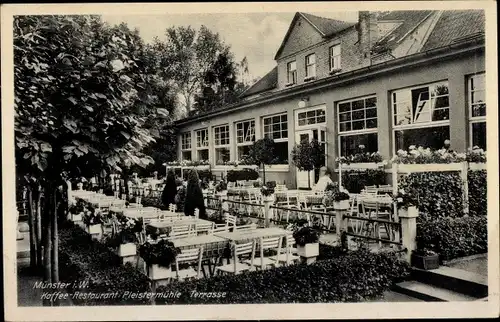 Ak Münster in Westfalen, Kaffee Restaurant Pleistermühle, Terrasse