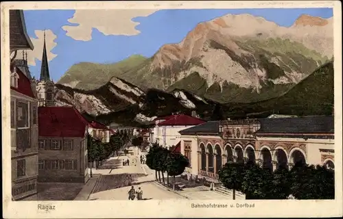 Ak Bad Ragaz Kanton St. Gallen, Bahnhofstraße, Dorfbad