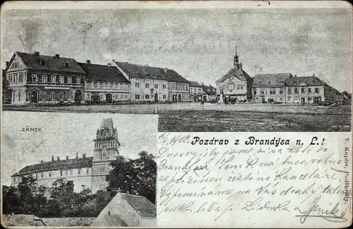 Mondschein Ak Brandýs nad Labem Brandeis an der Elbe Mittelböhmen, Schloss, Marktplatz