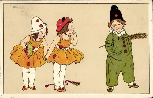Künstler Ak Baumgarten, Fritz, Kinder in Karnevalkostümen, Zwei Mädchen, Fächer, Junge mit Monokel