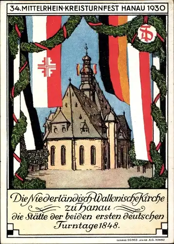 Ak Hanau am Main, 34. Mittelrheinisches Kreisturnfest 1930, Niederländisch Wallonische Kirche