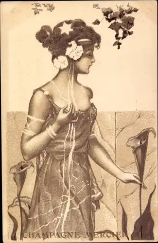 Jugendstil Litho Champagne Mercier, Reklame, Frau mit Blumen