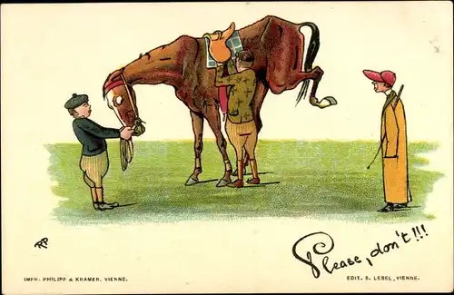 Künstler Litho Please don't, Jockey versucht auf Pferd zu steigen, Philipp und Kramer