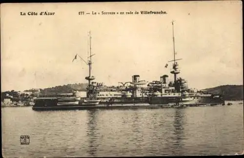 Ak Villefranche sur Mer Alpes Maritimes, Französisches Kriegsschiff, Suffren, Croiseur, en rade