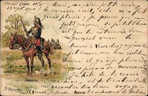 Künstler Litho Französischer Soldat in historischer Uniform, Reiter